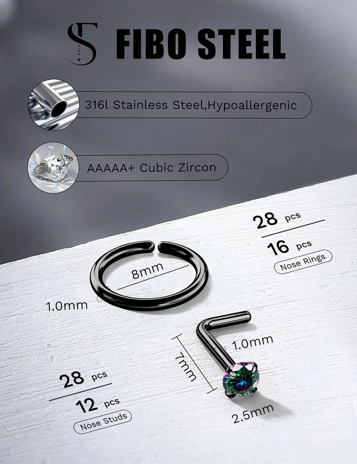 28PCS Hypoallergenic Nose Rings Hoops Studs - 316L Stainless Steel Nose Ring for Women Men - L Shaped CZ Nose Stud Hoop Nostril Piercings Jewelry Set 18G 20G 22G Silver Rose Gold Black Rainbow