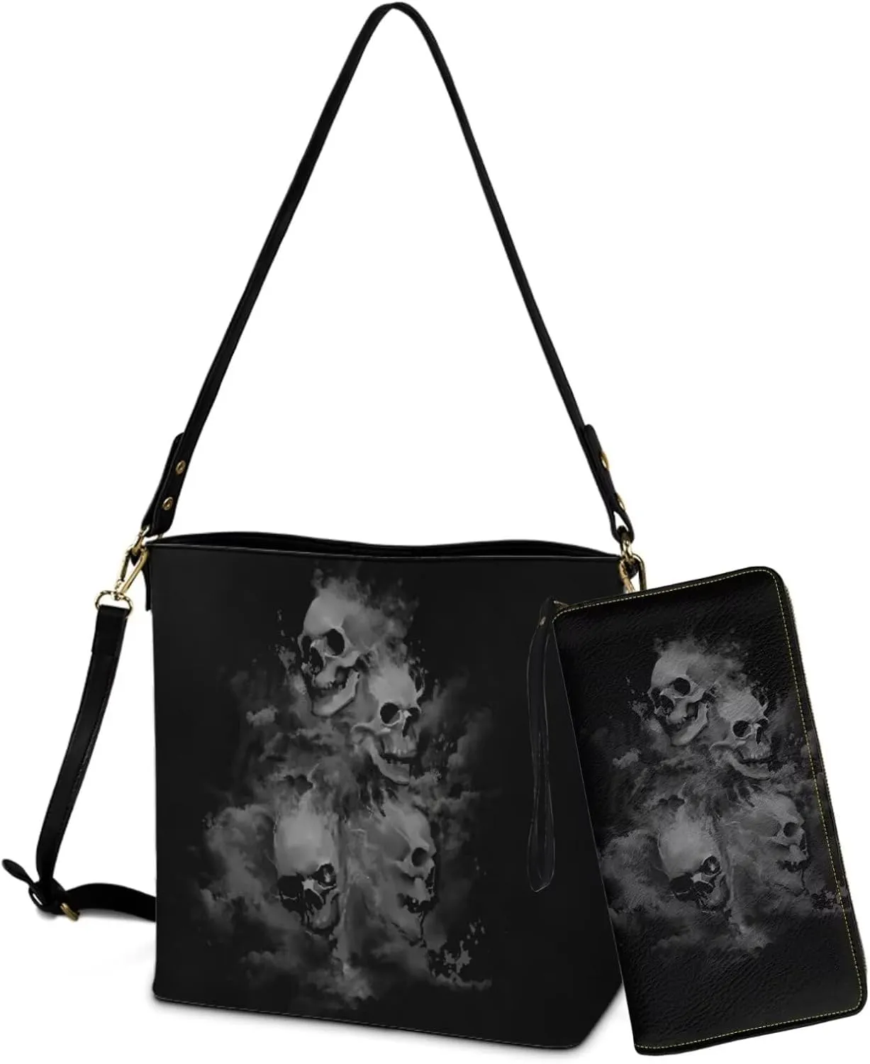 2PC Leather Purse and Wallet Set for Women Lady Large Crossbody Bucket Tote Bag with PU Wallet