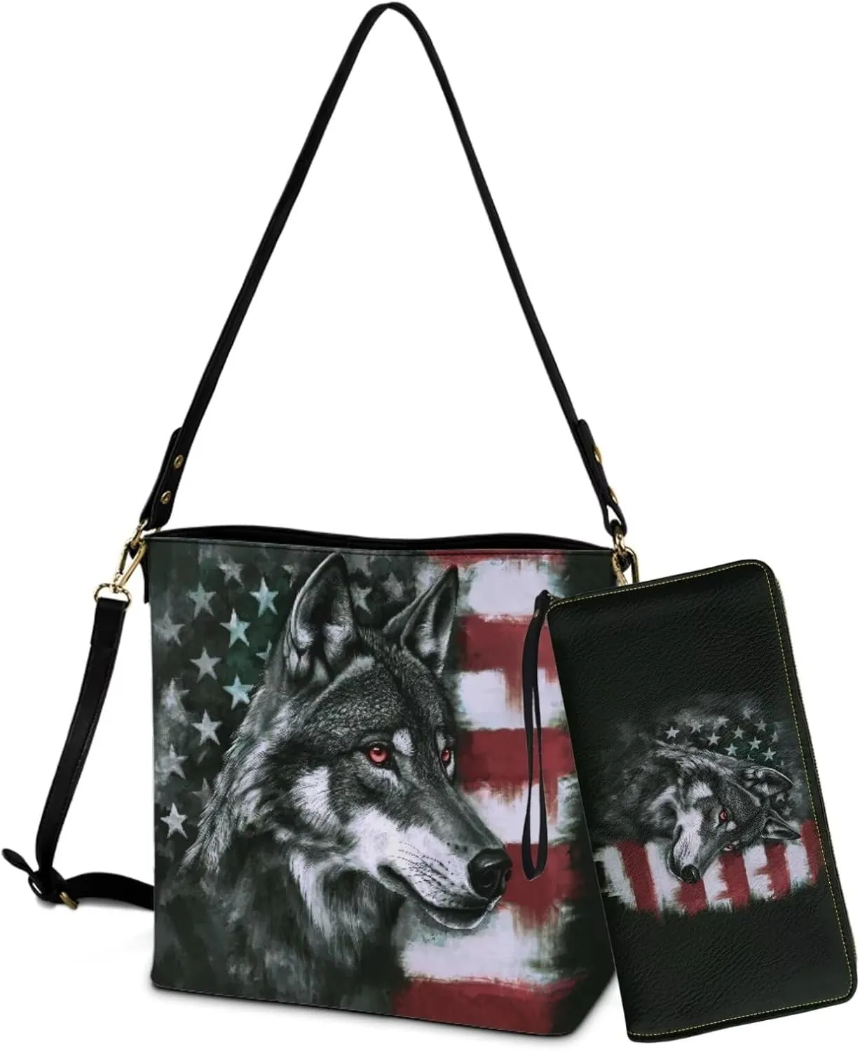 2PC Leather Purse and Wallet Set for Women Lady Large Crossbody Bucket Tote Bag with PU Wallet