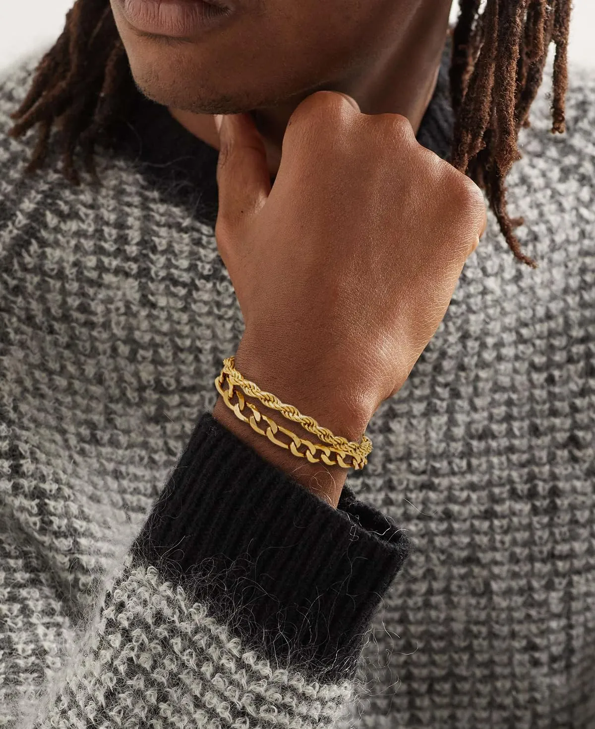 2Pcs Stainless Steel Gold Silver Cuban Link Rope Figaro Bracelet Durable Herringbone Paperclip Chain Bracelet Set for Dad Men