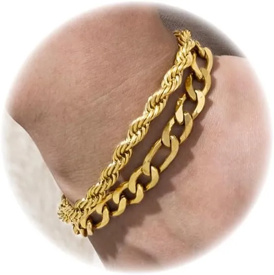 2Pcs Stainless Steel Gold Silver Cuban Link Rope Figaro Bracelet Durable Herringbone Paperclip Chain Bracelet Set for Dad Men