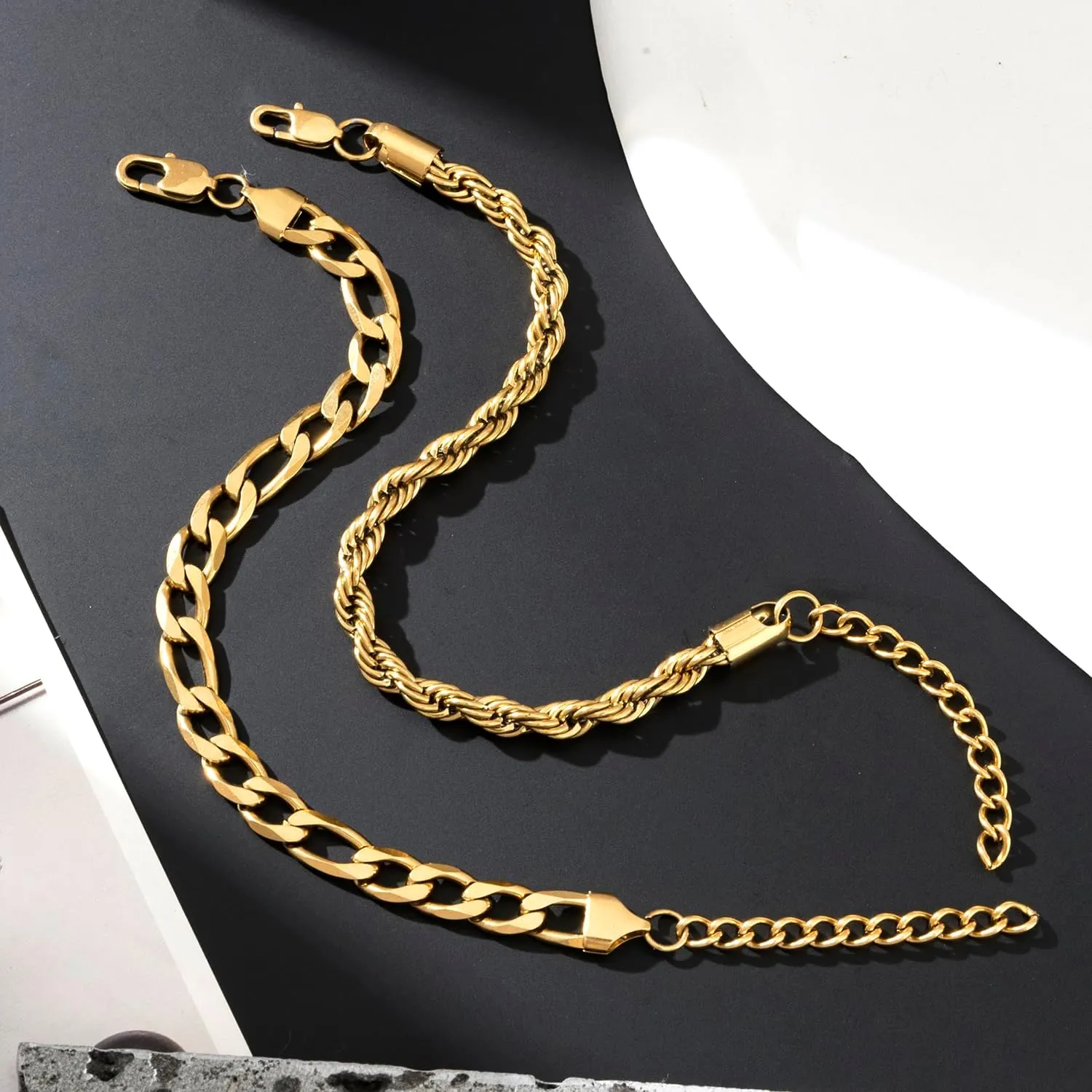 2Pcs Stainless Steel Gold Silver Cuban Link Rope Figaro Bracelet Durable Herringbone Paperclip Chain Bracelet Set for Dad Men