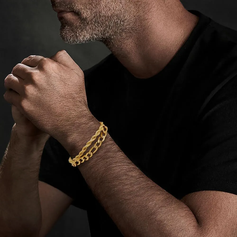 2Pcs Stainless Steel Gold Silver Cuban Link Rope Figaro Bracelet Durable Herringbone Paperclip Chain Bracelet Set for Dad Men