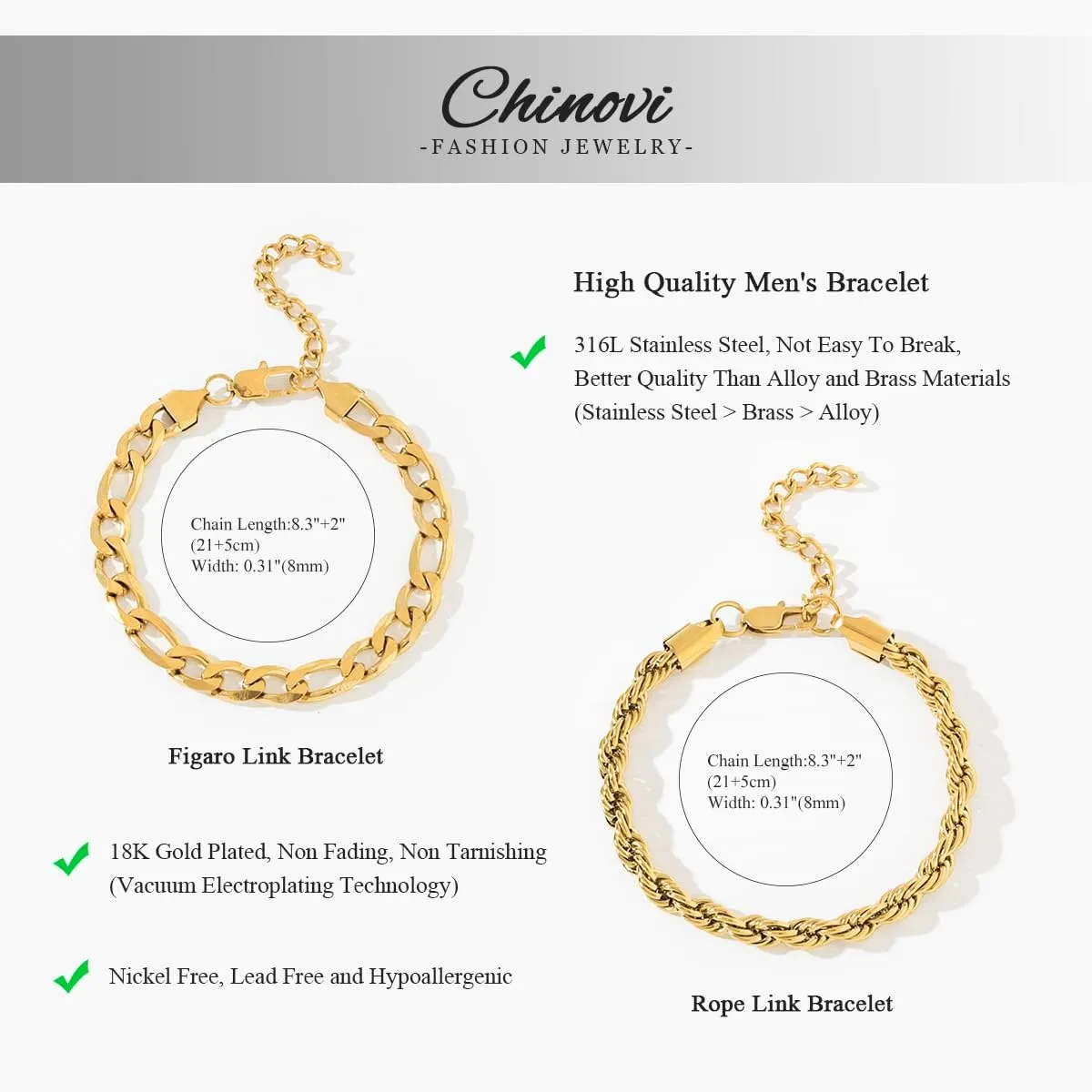 2Pcs Stainless Steel Gold Silver Cuban Link Rope Figaro Bracelet Durable Herringbone Paperclip Chain Bracelet Set for Dad Men