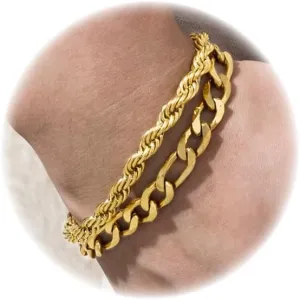 2Pcs Stainless Steel Gold Silver Cuban Link Rope Figaro Bracelet Durable Herringbone Paperclip Chain Bracelet Set for Dad Men