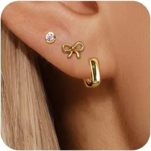 3 Pairs 925 Sterling Silver Earrings for Women, Simple 14K Gold Plated Bow CZ Stud Earring Square Huggie Hoop Earring Set, Cute Small Gold Stacked Earrings for Women Minimalists, Pack of 3 Pairs