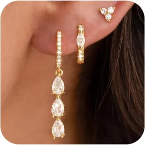 3 Pairs Earrings Set for Multiple Piercings, Gold Studs Hoop Earrings Stack, CZ Dangle Earrings Set, Hypoallergenic for Sensitive Ears, Women's Gift