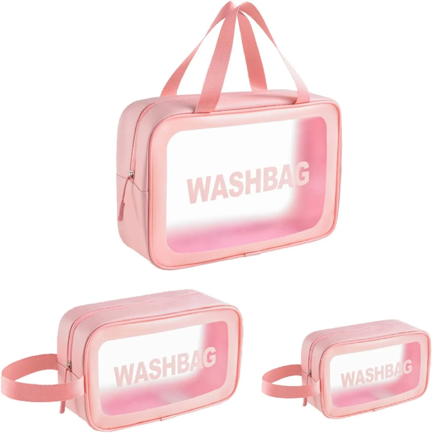 3-Piece Clear Travel Size Toiletries Washbag Set Waterproof PVC Cosmetic Organizer Leakproof Makeup & Toiletries Bags for Women & Men Perfect for Travel (Pink)