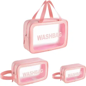 3-Piece Clear Travel Size Toiletries Washbag Set Waterproof PVC Cosmetic Organizer Leakproof Makeup & Toiletries Bags for Women & Men Perfect for Travel (Pink)