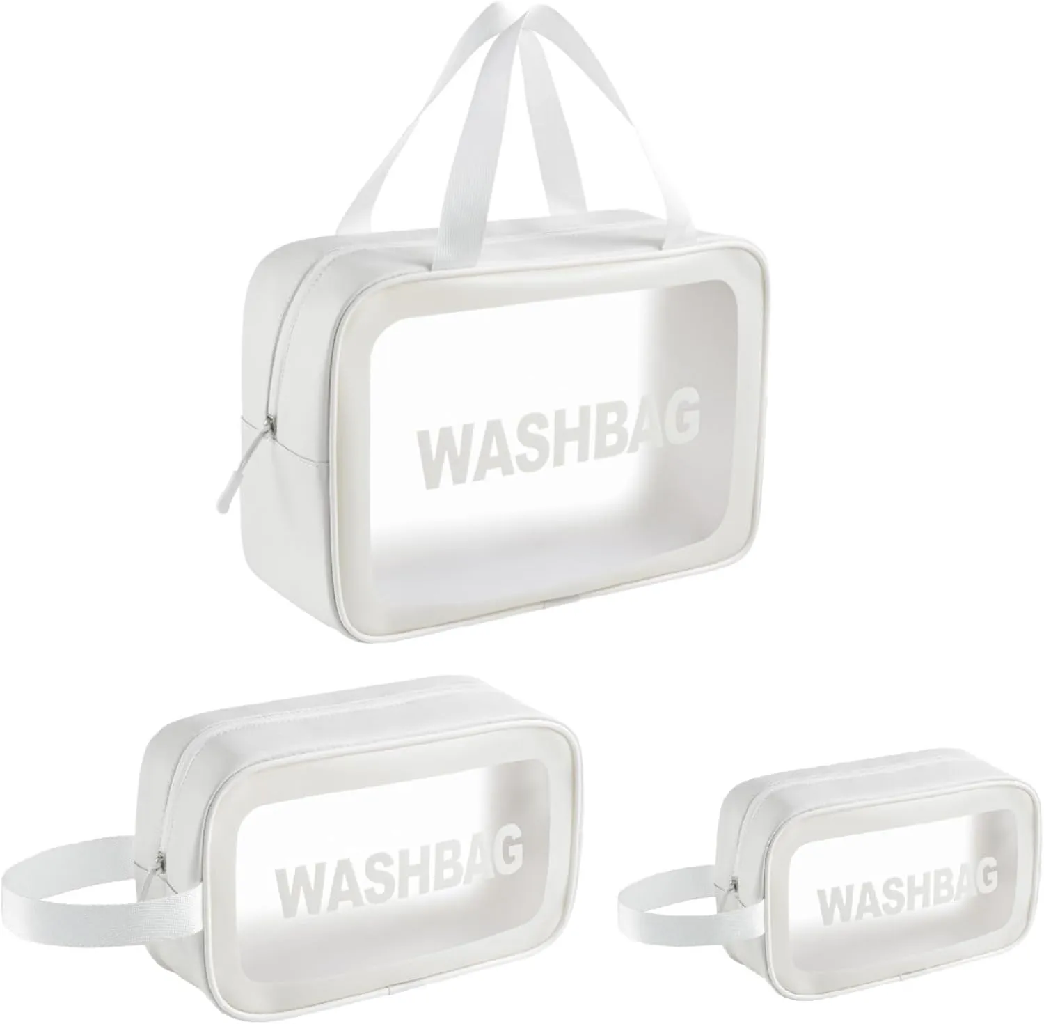 3-Piece Clear Travel Size Toiletries Washbag Set Waterproof PVC Cosmetic Organizer Leakproof Makeup & Toiletries Bags for Women & Men Perfect for Travel (White)