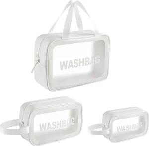 3-Piece Clear Travel Size Toiletries Washbag Set Waterproof PVC Cosmetic Organizer Leakproof Makeup & Toiletries Bags for Women & Men Perfect for Travel (White)