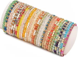 30Pcs Boho Beaded Bracelets for Women Colorful Stackable Sparkly Crystal Beads Bracelets Multi-Layer Versatile Statement Bracelets Stretch Cuff Jewelry Gifts