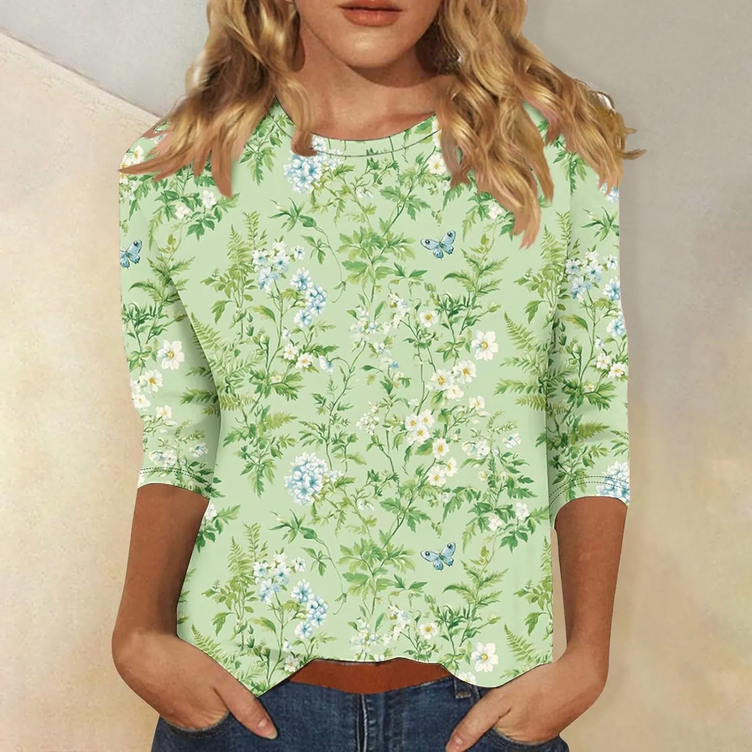 3/4 Sleeve Tops for Women Fashion Floral Print Graphic Tees Loose Fit Pullover Dressy Casual Crewneck Tunic Blouse