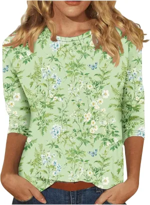 3/4 Sleeve Tops for Women Fashion Floral Print Graphic Tees Loose Fit Pullover Dressy Casual Crewneck Tunic Blouse