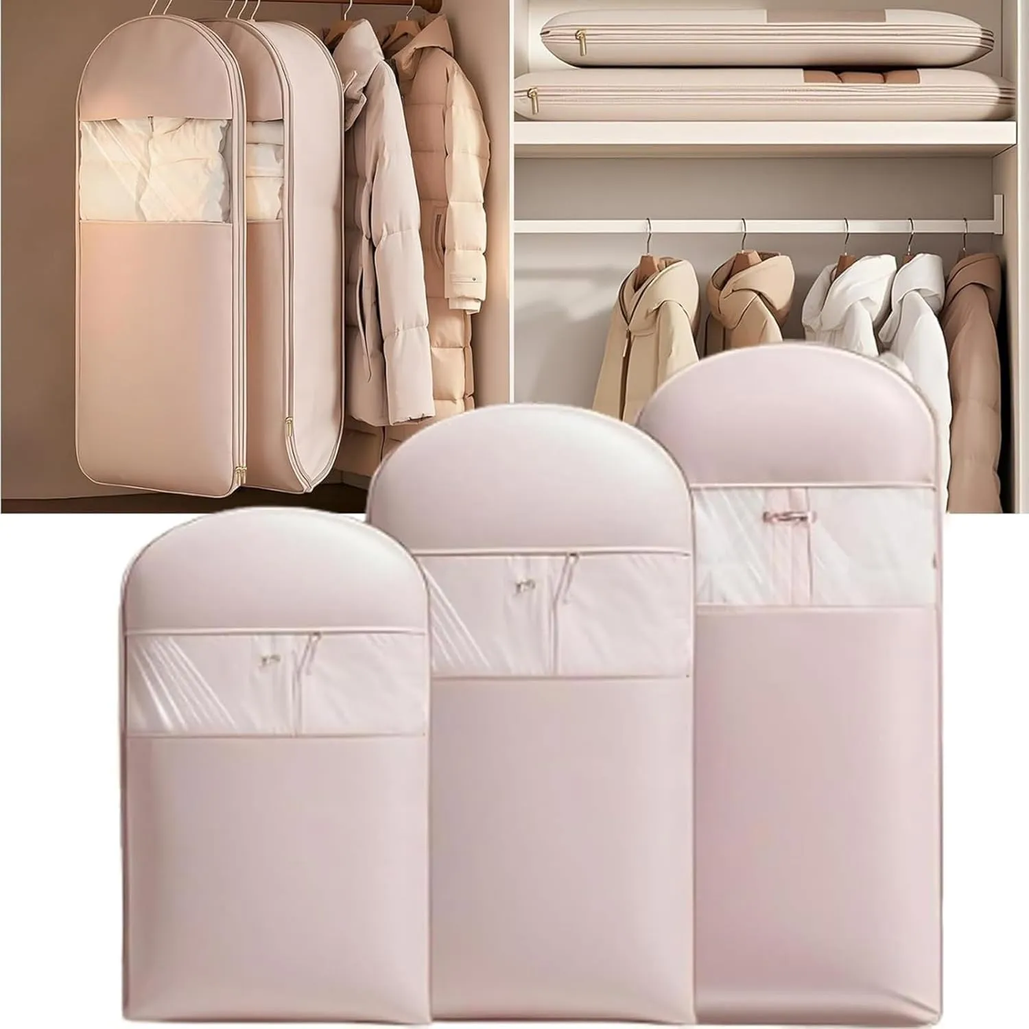 3PCS Hanging Garment Bag, Winter Coat Storage, Closet Storage, 2025 Space Saving Hanging Protector with Self Compression Zipper, Heavy Duty Garment Bag for Down jacketcoat (pink)