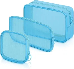 3Pcs Mesh Cosmetic Bag, Mesh Makeup Bag Portable Travel Organizing Pouch Toiletry Bag with Zipper for Home Office Travel Accessories,3 Sizes (Blue)