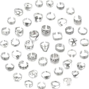 46 Pcs Toe Rings for Women Adjustable Vintage Bohemian Toe Ring Set Open Snake Flower Band Knuckle Tail Ring Silver Gold Plated Summer Beach Foot Jewelry
