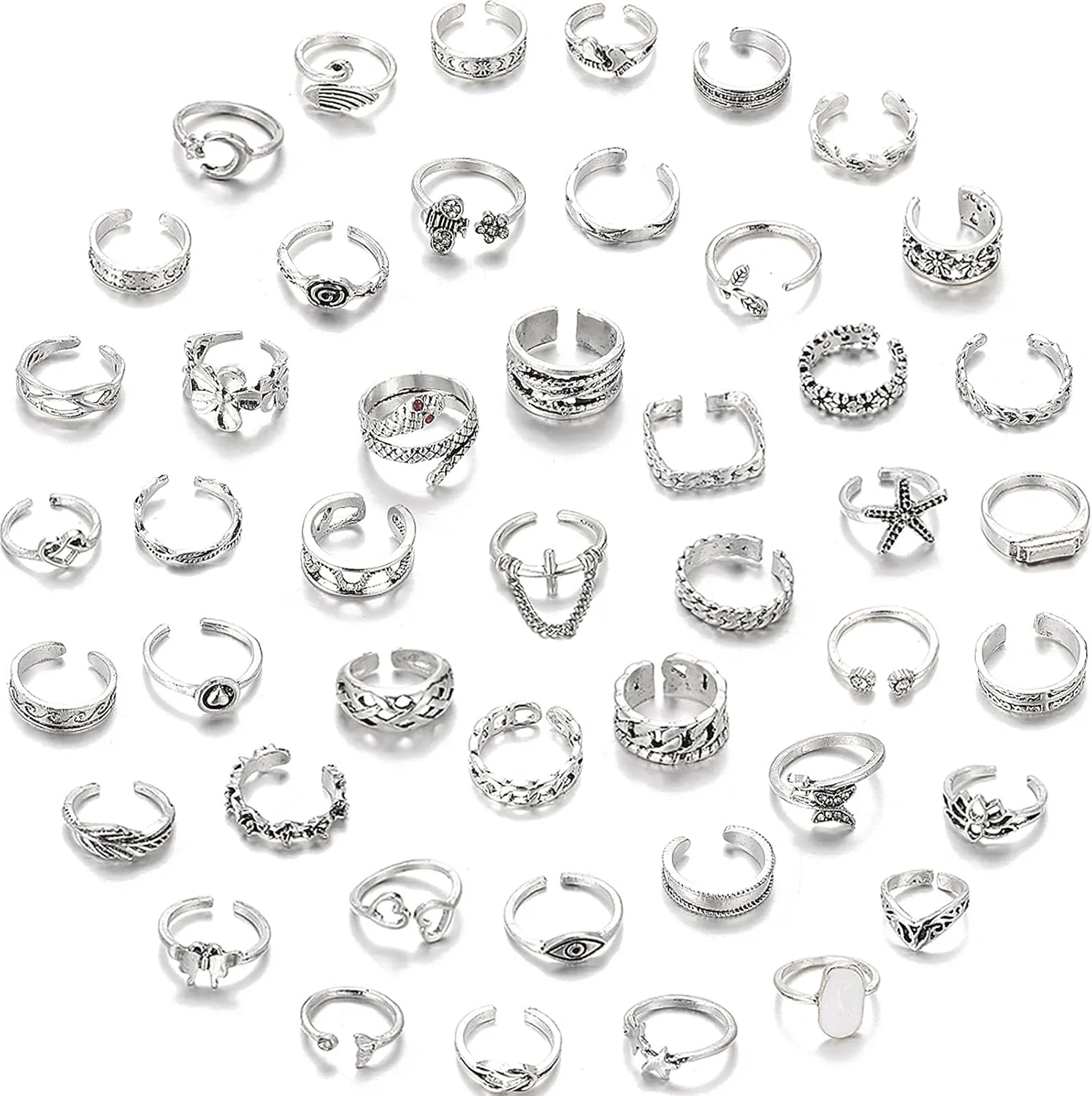 46 Pcs Toe Rings for Women Adjustable Vintage Bohemian Toe Ring Set Open Snake Flower Band Knuckle Tail Ring Silver Gold Plated Summer Beach Foot Jewelry