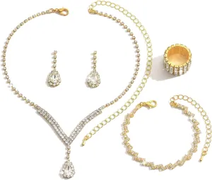 4Pcs Jewelry Set Wedding Jewelry Sets for Brides Bridesmaid Rhinestone Crystal Statement Choker Necklace Earrings Bracelet Set Bridal Wedding Prom Jewelry Accessories for Women