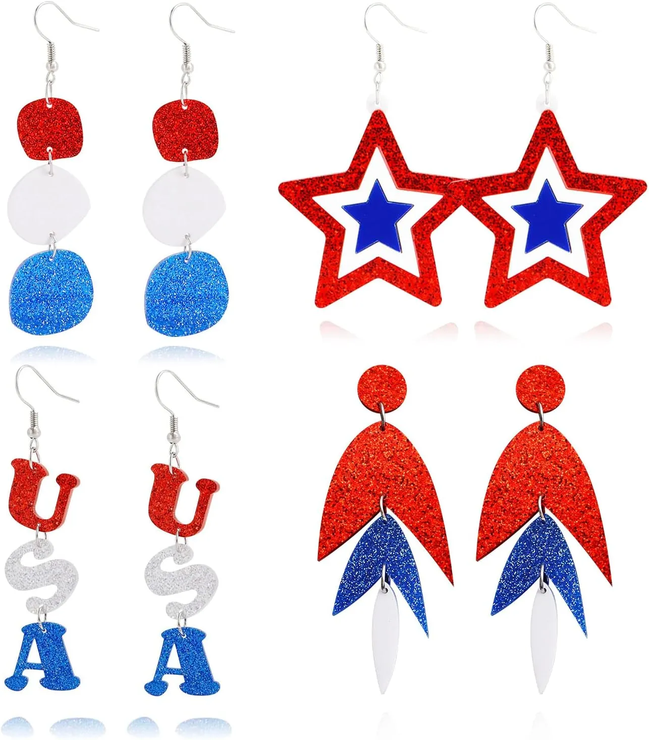 4th of July Earrings For Women 4th Of July Decorations Stud Earrings Patriotic Star Earrings Dangle Drop USA Leaf Earrings Holiday Jewelry 4 Pairs