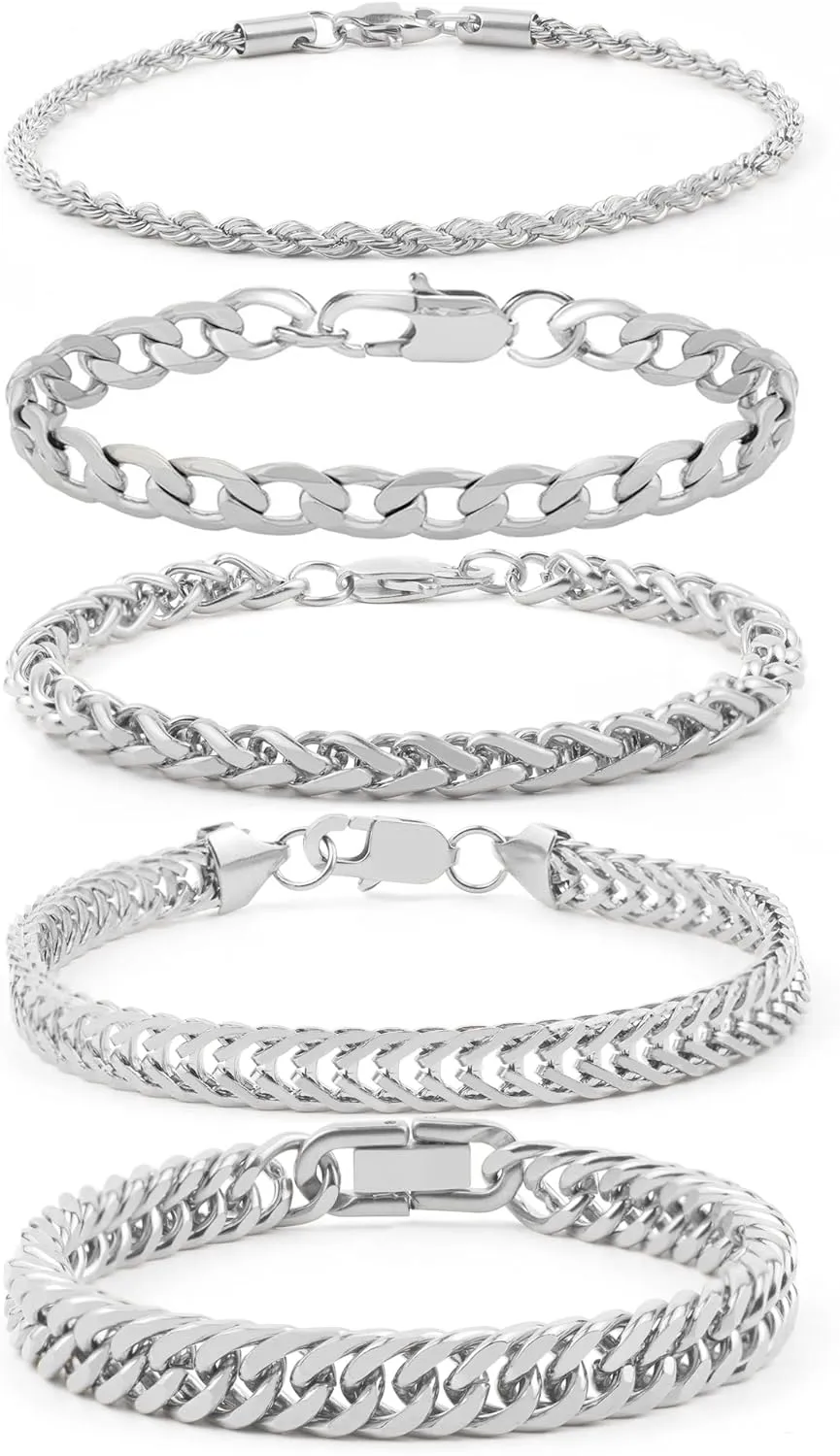 5 Pcs Stainless Steel Chain Bracelet for Men Women Cuban Curb Width Link Chain Bracelets Set Men Jewelry Gifts for Dad Boyfriend Husband, 7/7.5/8.3/9 Inch