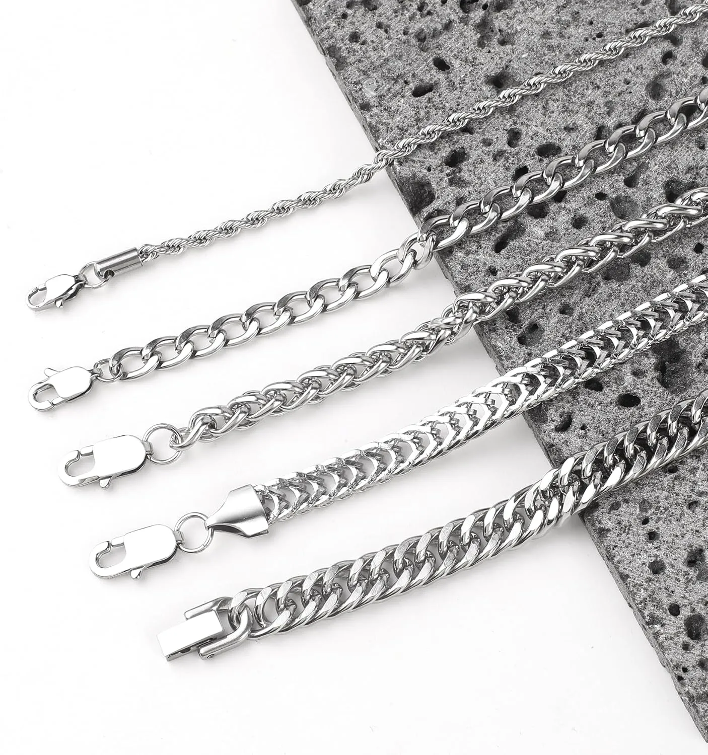 5 Pcs Stainless Steel Chain Bracelet for Men Women Cuban Curb Width Link Chain Bracelets Set Men Jewelry Gifts for Dad Boyfriend Husband, 7/7.5/8.3/9 Inch