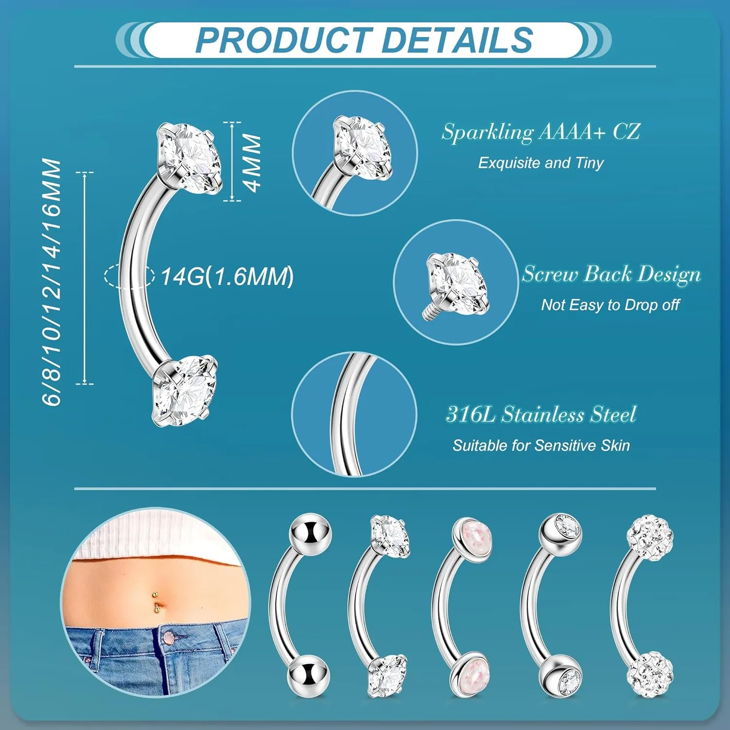 5PCS 14G 316L Stainless Steel Small Belly Button Rings for Women Tiny Simple Internally Threaded Navel Rings Hypoallergenic Petite CZ Opal Eyebrow Lip Daith Rook Piercing Jewelry 6-16MM