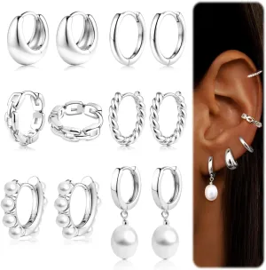6 Pairs 14K Gold Plated Hoop Earrings for Women Trendy Chunky Hoop Earrings Stack Multipack Huggie Hoops Pearl Chain Dangle Gold Hoop Earrings Set