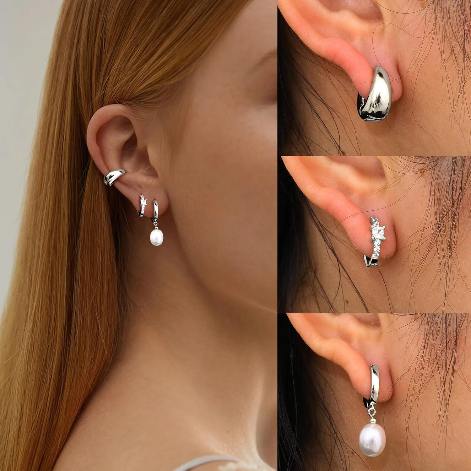 6 Pairs 14K Gold Plated Hoop Earrings for Women Trendy Chunky Hoop Earrings Stack Multipack Huggie Hoops Pearl Chain Dangle Gold Hoop Earrings Set