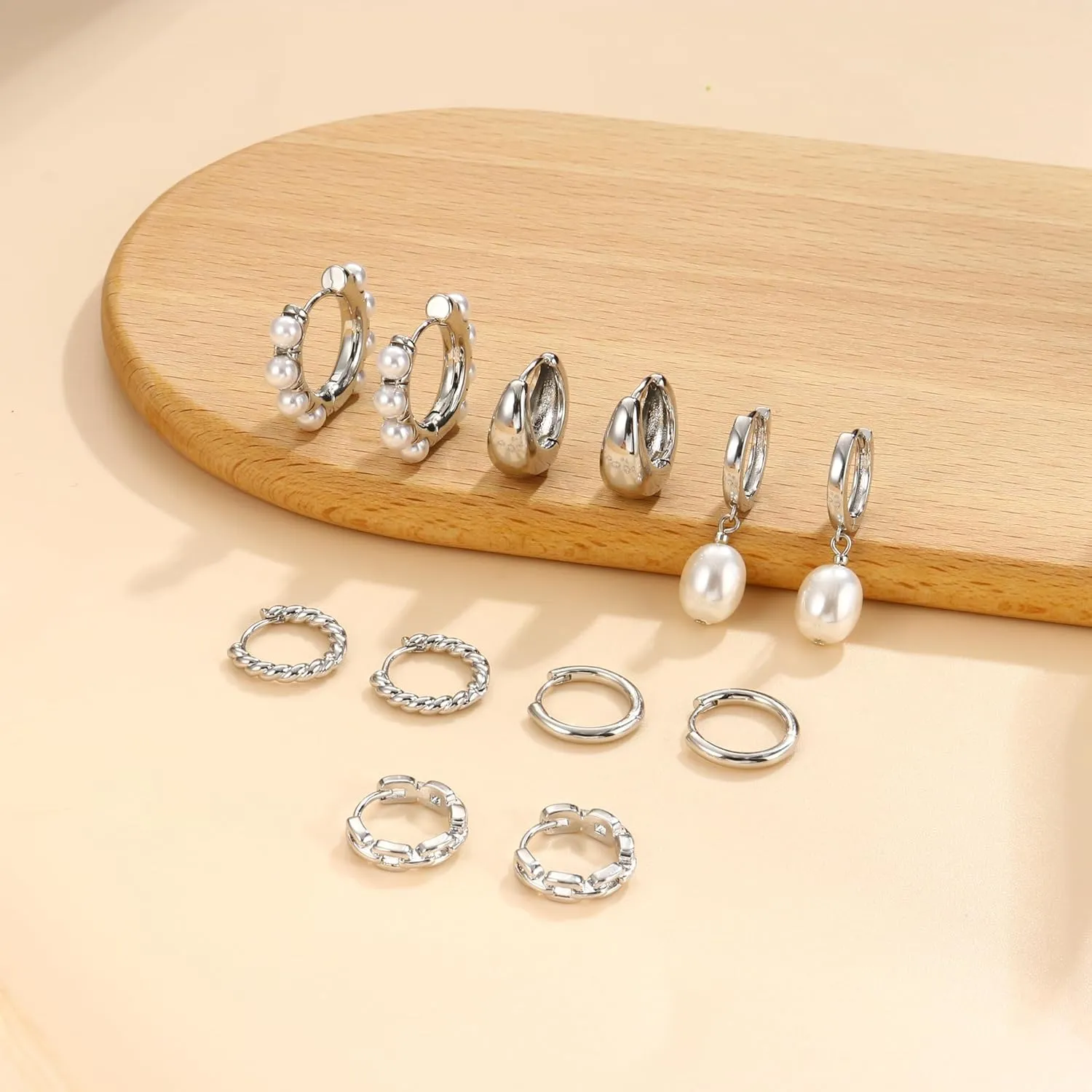 6 Pairs 14K Gold Plated Hoop Earrings for Women Trendy Chunky Hoop Earrings Stack Multipack Huggie Hoops Pearl Chain Dangle Gold Hoop Earrings Set