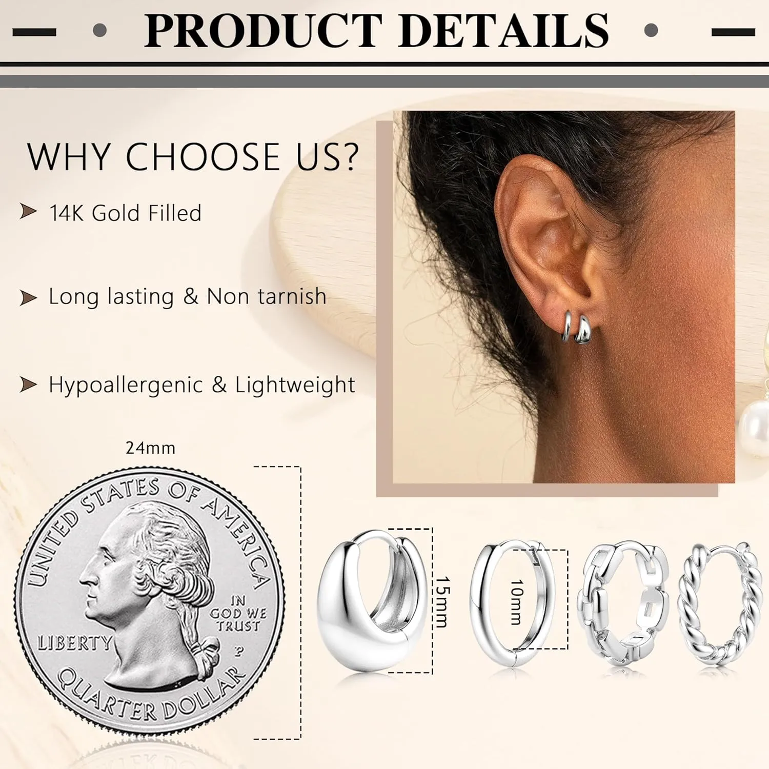 6 Pairs 14K Gold Plated Hoop Earrings for Women Trendy Chunky Hoop Earrings Stack Multipack Huggie Hoops Pearl Chain Dangle Gold Hoop Earrings Set