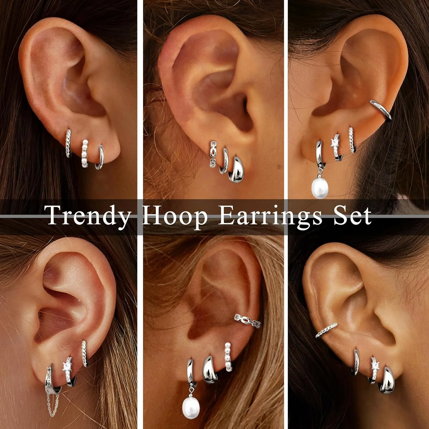 6 Pairs 14K Gold Plated Hoop Earrings for Women Trendy Chunky Hoop Earrings Stack Multipack Huggie Hoops Pearl Chain Dangle Gold Hoop Earrings Set