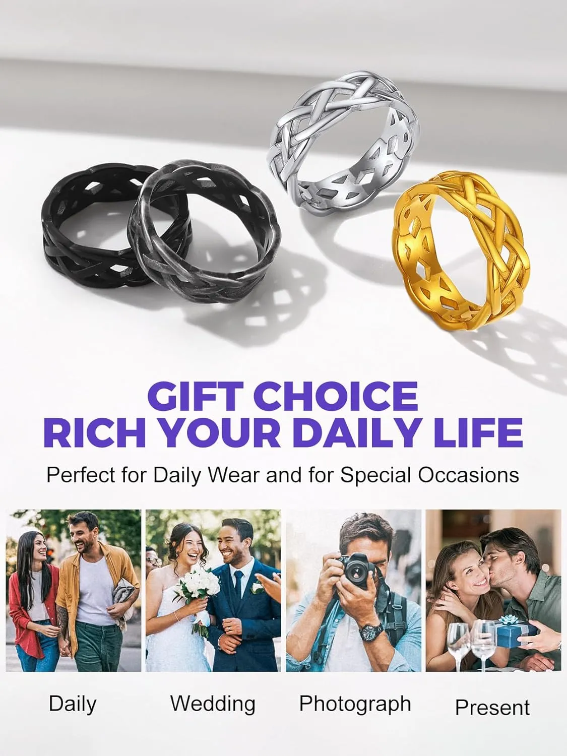 7MM Wide Celtic Knot Ring for Men Women Stainless Steel/Gold/Black/Grey Eternity Wedding Band,Size 7-14(with Gift Box)
