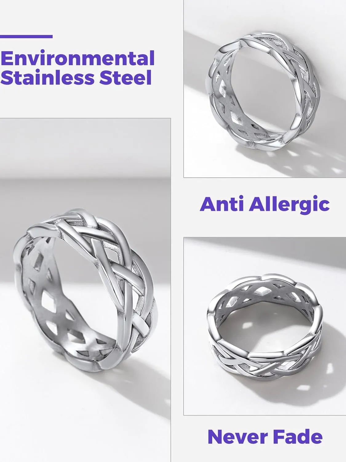 7MM Wide Celtic Knot Ring for Men Women Stainless Steel/Gold/Black/Grey Eternity Wedding Band,Size 7-14(with Gift Box)