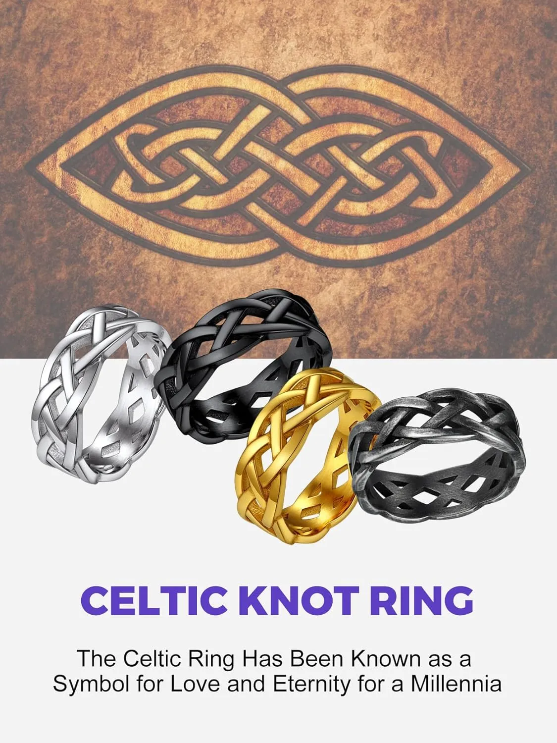 7MM Wide Celtic Knot Ring for Men Women Stainless Steel/Gold/Black/Grey Eternity Wedding Band,Size 7-14(with Gift Box)