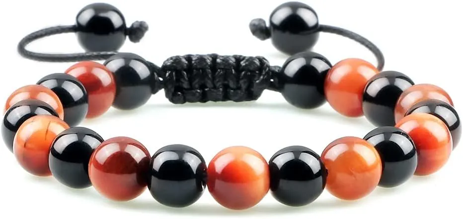 8mm Men Women Fire Agates Onyx Beads Bracelet Bangles Natural Stone Chakra Prayer Charm Buddha Adjustable Jewelry Gifts AM69A (Orange Tiger Eye)