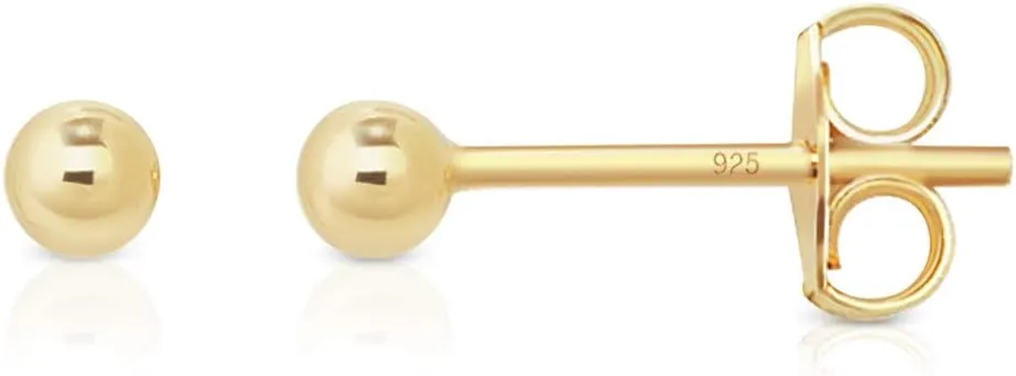 925 Sterling Silver Ball Studs 24K Gold Plated Earrings - Gold Stud Earrings - Round Studs for Women - Ear Piercing - Golden Stud Earring - Diameter: 2 up to 12 mm