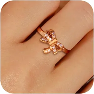 925 Sterling Silver Bow Knot Ring for Women 14K Rose Gold Plated Zircon Infinity Love Knot Ring Stackable Dainty Friendship Promise Jewelry for Her Sizes 6-9 Graduation Gift