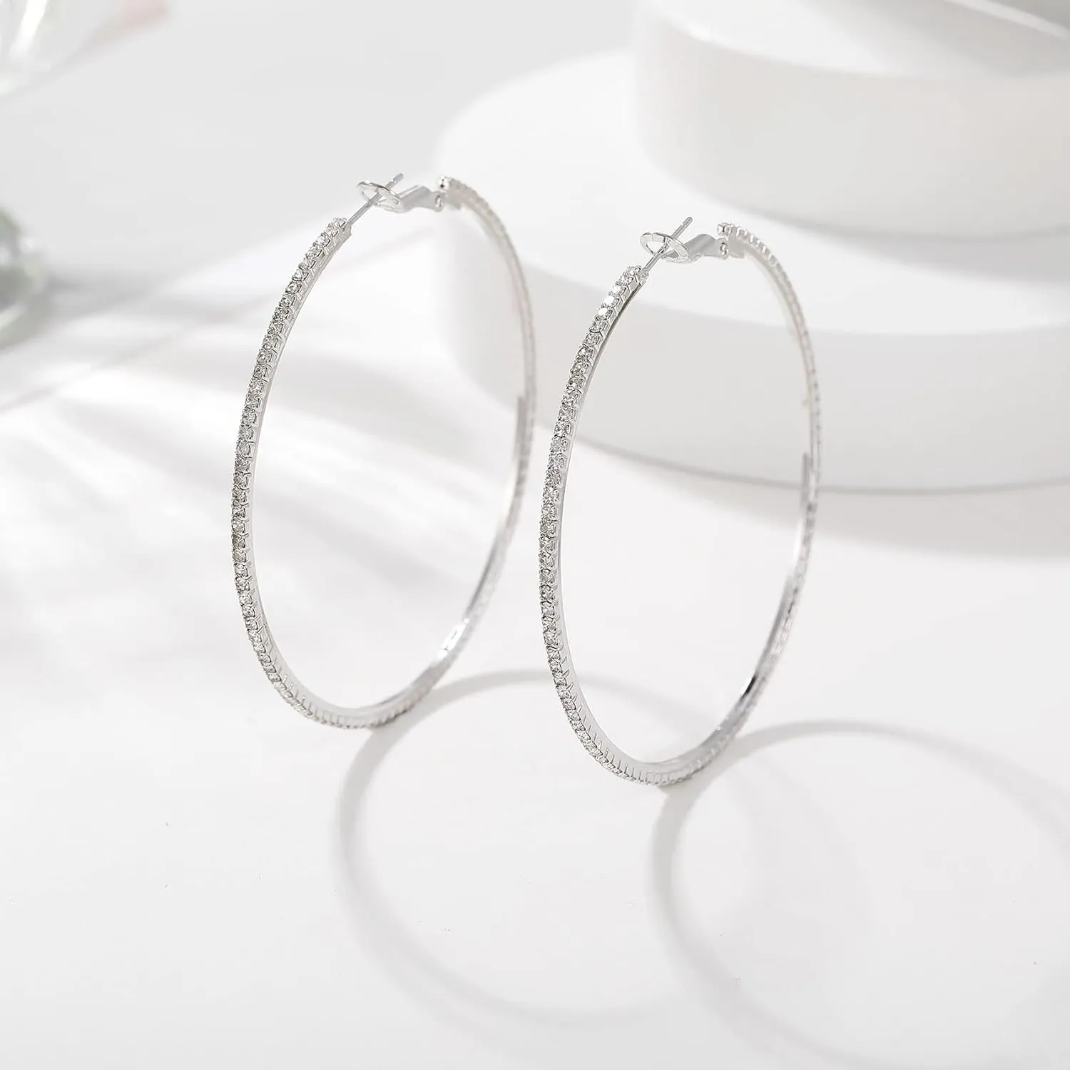 925 Sterling Silver Earrings Large Rhinestone Hoop Earrings Big Cubic Zirconia Hoop Earrings Thin Rhinestones Round Hoop Earrings for Women 20/30/40/50/60/70mm Sparkly Hoops With Crystals for Womens
