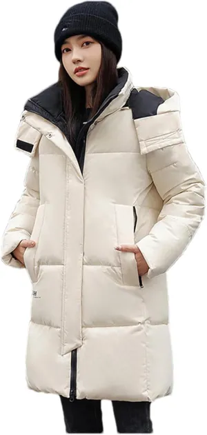 Adhdyuud Women Casual Snow Coat Cotton Padded Puffer Jacket Long Parkas Hooded Warm Outerwear
