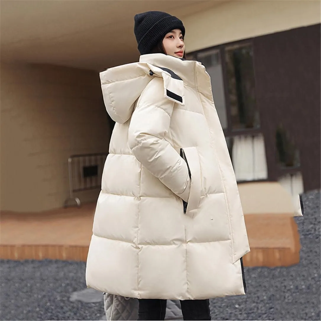Adhdyuud Women Casual Snow Coat Cotton Padded Puffer Jacket Long Parkas Hooded Warm Outerwear