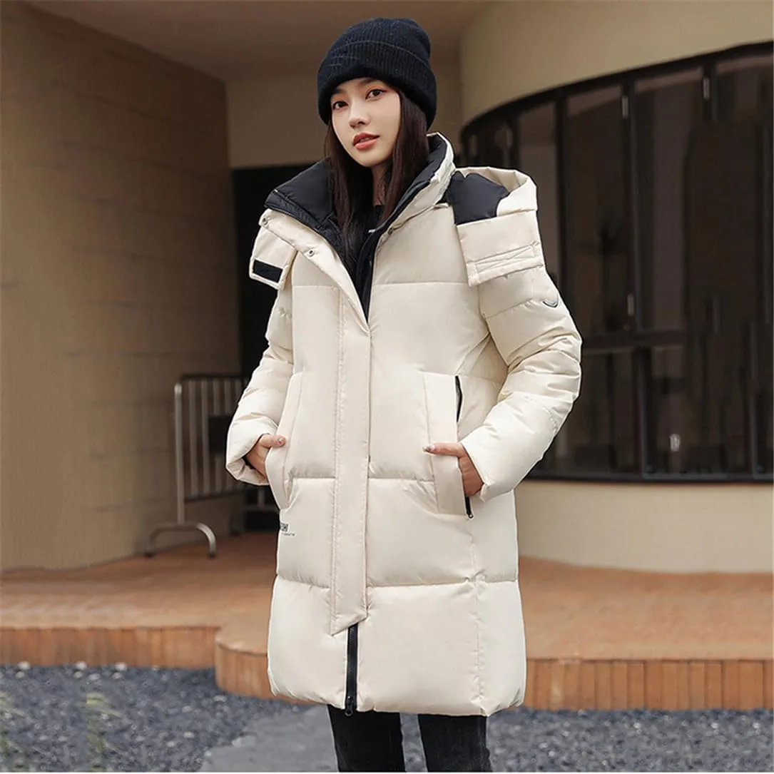 Adhdyuud Women Casual Snow Coat Cotton Padded Puffer Jacket Long Parkas Hooded Warm Outerwear