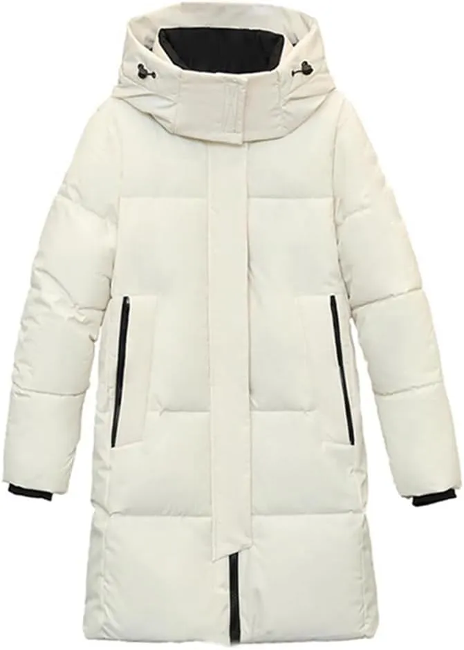 Adhdyuud Women Casual Snow Coat Cotton Padded Puffer Jacket Long Parkas Hooded Warm Outerwear