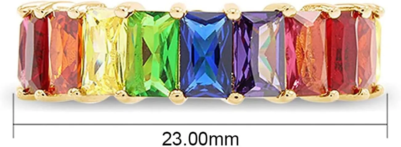 AFFY Eternity Rainbow Ring 18K Gold Plated Emerald-Cut Multi Color AAA Created-Gemstone Rainbow Ring, Stackable Ring, Wedding Band for Women, Gift For Her