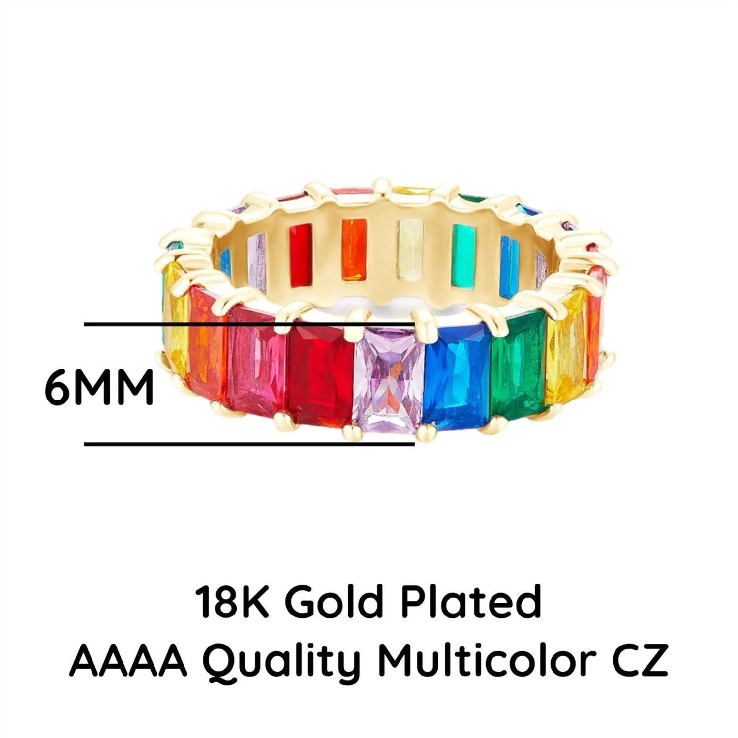AFFY Eternity Rainbow Ring 18K Gold Plated Emerald-Cut Multi Color AAA Created-Gemstone Rainbow Ring, Stackable Ring, Wedding Band for Women, Gift For Her