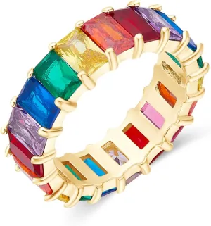 AFFY Eternity Rainbow Ring 18K Gold Plated Emerald-Cut Multi Color AAA Created-Gemstone Rainbow Ring, Stackable Ring, Wedding Band for Women, Gift For Her