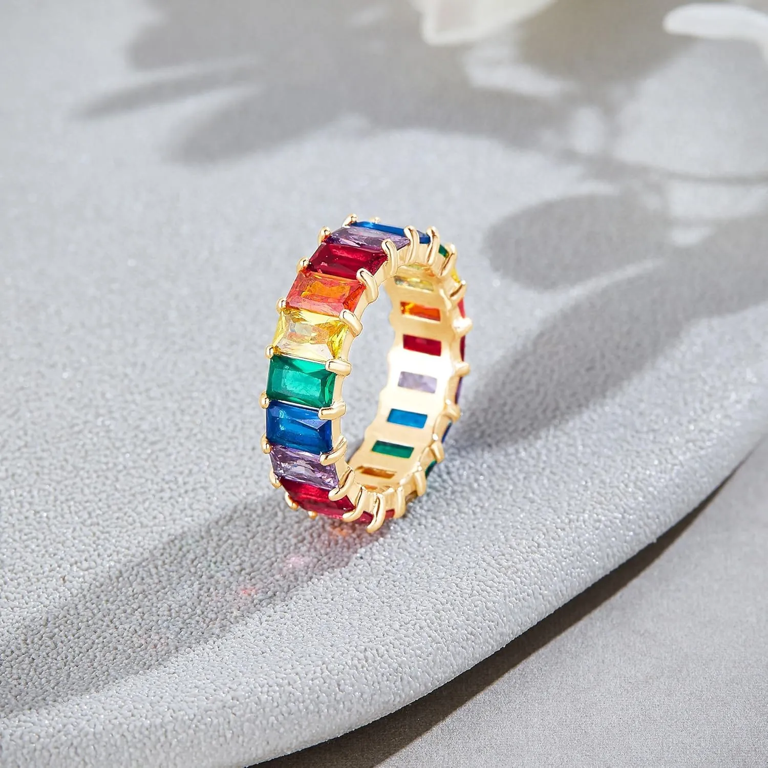 AFFY Eternity Rainbow Ring 18K Gold Plated Emerald-Cut Multi Color AAA Created-Gemstone Rainbow Ring, Stackable Ring, Wedding Band for Women, Gift For Her