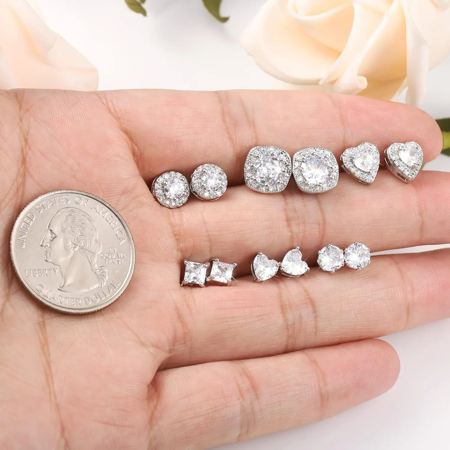 ALEXCRAFT Sterling Silver Stud Earrings for Women Girls Cubic Zirconia Halo Round Heart Square Diamond Large Silver Stud Set