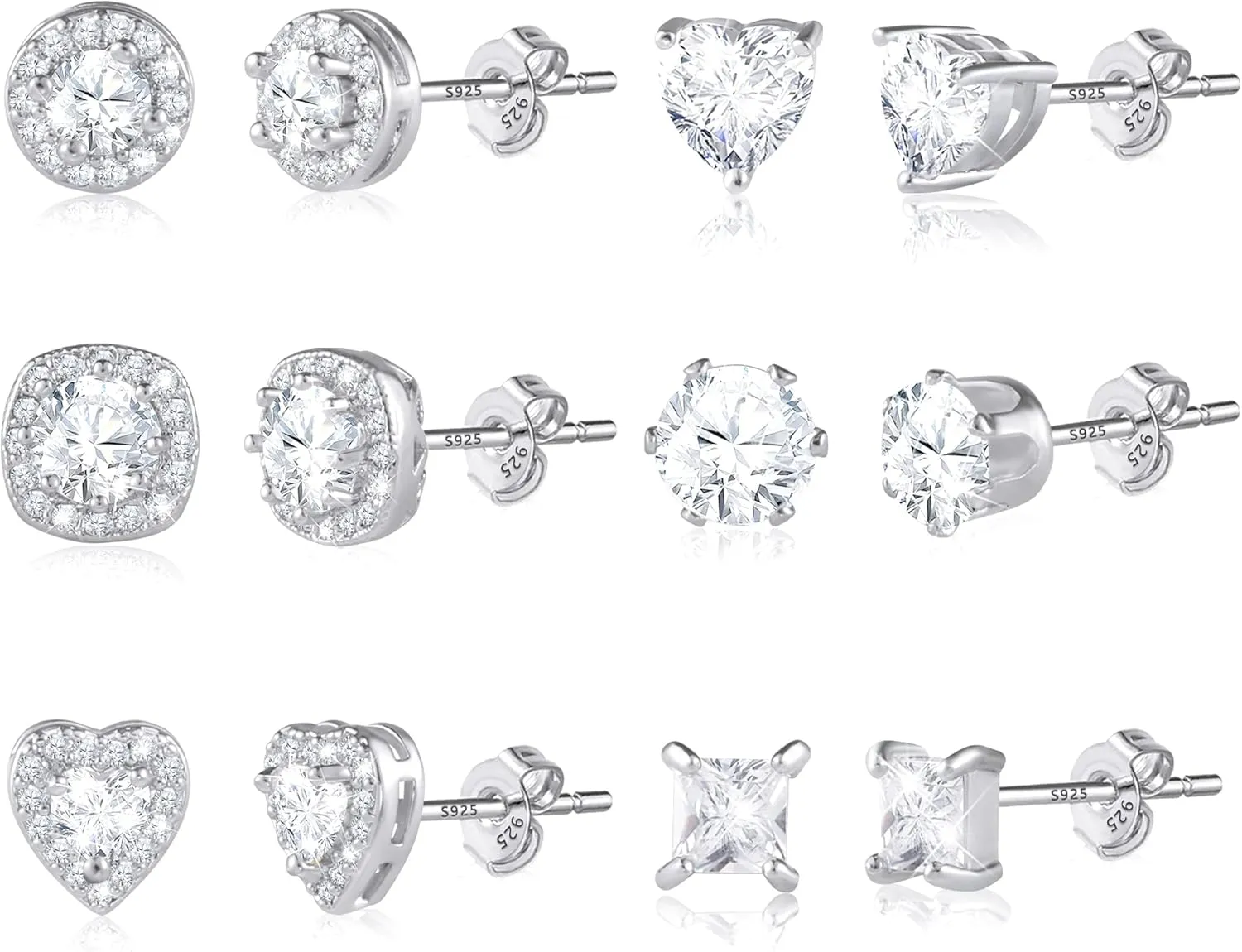 ALEXCRAFT Sterling Silver Stud Earrings for Women Girls Cubic Zirconia Halo Round Heart Square Diamond Large Silver Stud Set