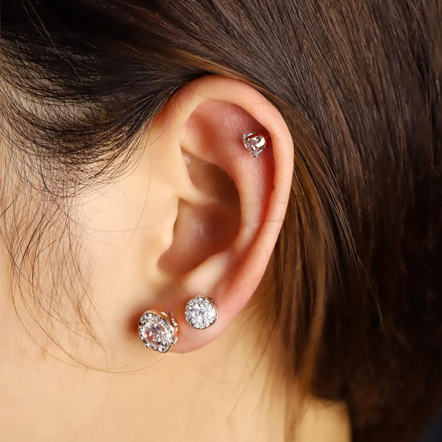 ALEXCRAFT Sterling Silver Stud Earrings for Women Girls Cubic Zirconia Halo Round Heart Square Diamond Large Silver Stud Set